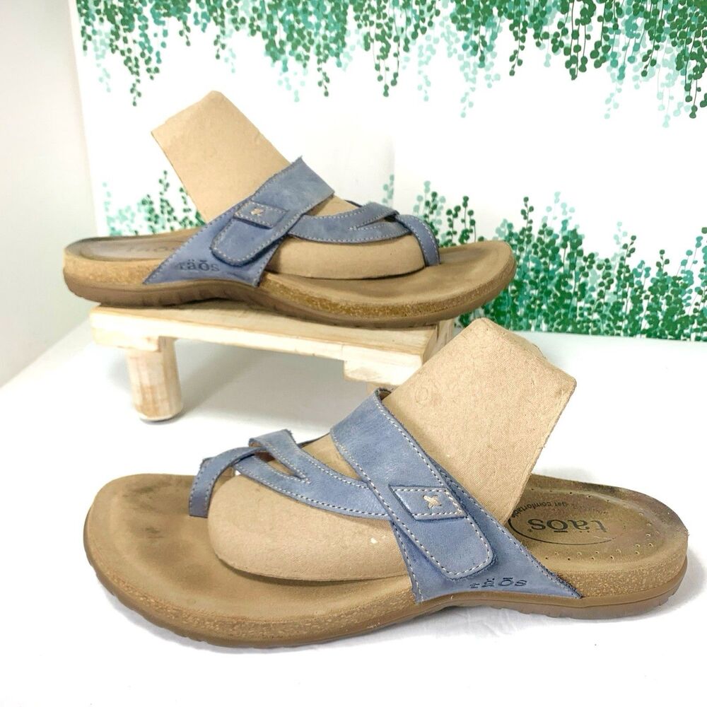 Taos Perfect Sandals Blue Leather Thong Toe Loop Strappy Comfort Slides Size 11